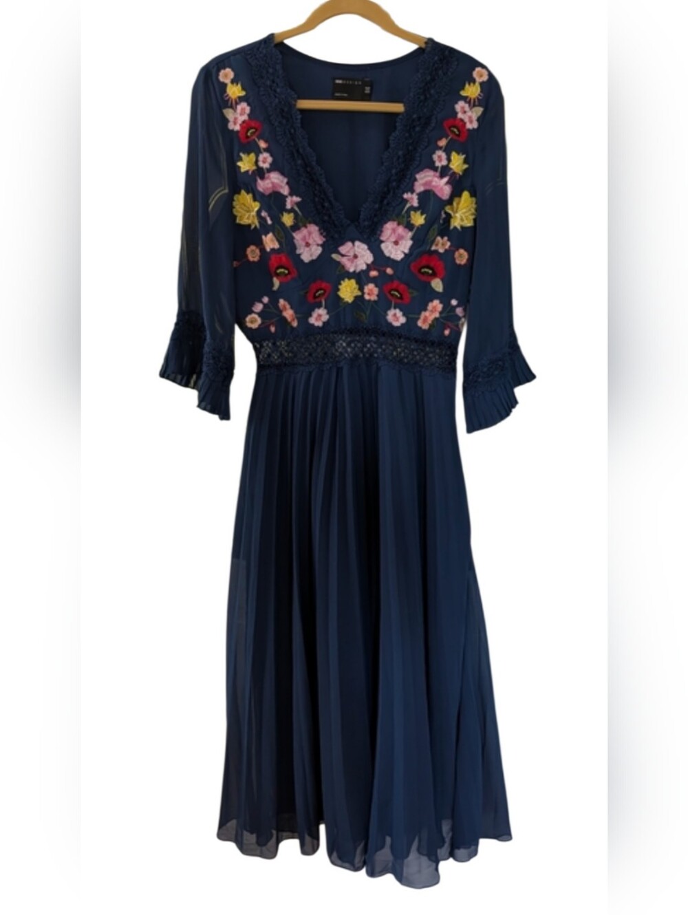 Embroidered Navy V-Neck Midi Dress
